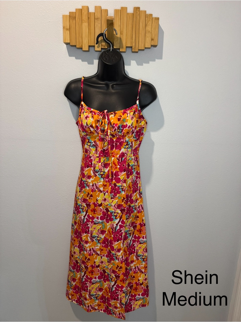 SHEIN Yellow Pink Floral Slip Dress with Spaghetti Straps